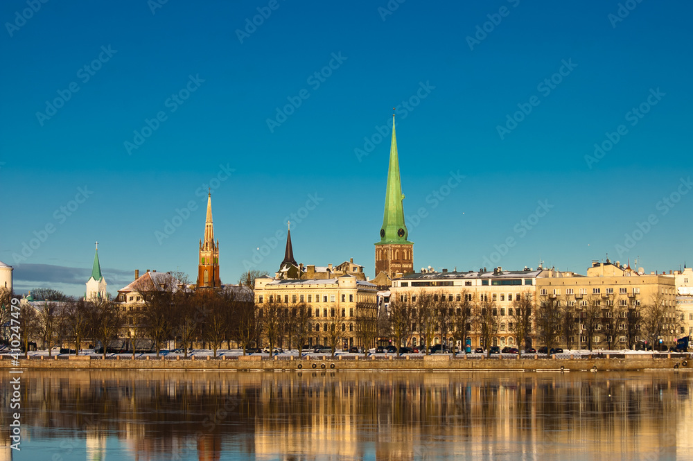 riga. in the photo, a panorama of the city against the blue sky riga. in the photo, a panorama of the city against the blue sky