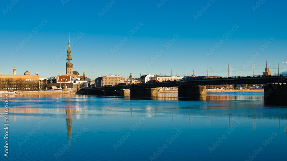 riga. in the photo, a panorama of the city against the blue sky