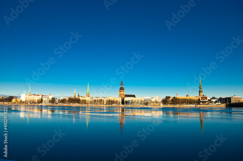 riga. in the photo  a panorama of the city against the blue sky