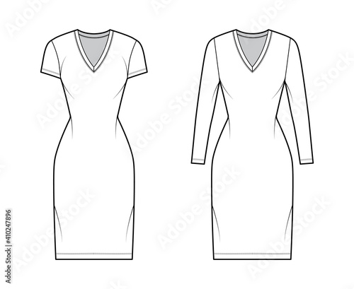 T-shirt dress technical fashion illustration with V-neck, long, short sleeves, knee length, fitted body, Pencil fullness. Flat apparel template front, white color. Women, men, unisex CAD mockup