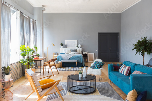 elegant creative modern trendy interior of a spacious open plan Scandinavian style studio with seating and sleeping areas