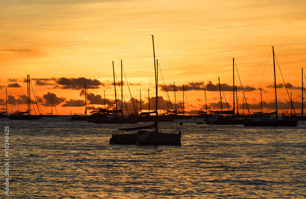 The sunset on Martinique island, French West Indies.