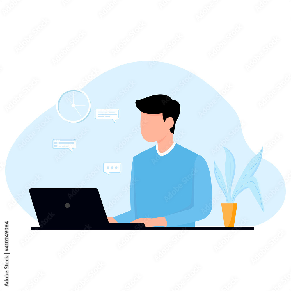 Vector illustration of a guy working on a laptop. The robot is at home. Freelance. Vector illustration of a guy working on a laptop. The robot is at home. Freelance.