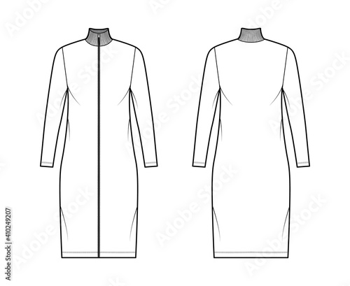 Turtleneck zip-up dress technical fashion illustration with long sleeves, knee length, oversized body, Pencil fullness. Flat apparel template front, back, white color. Women, men, unisex CAD mockup