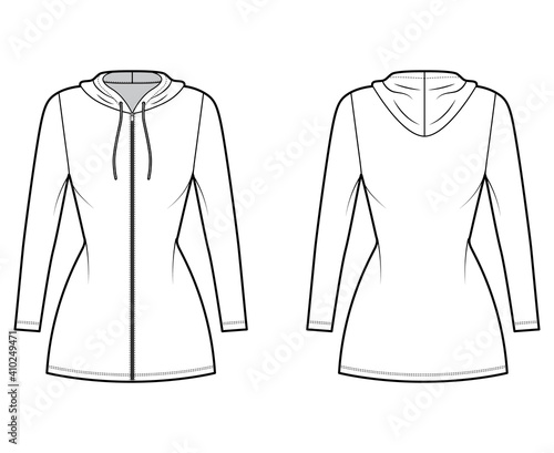 Hoodie zip-up dress technical fashion illustration with long sleeves, mini length, fitted body, Pencil fullness. Flat apparel template front, back, white color. Women, men, unisex CAD mockup