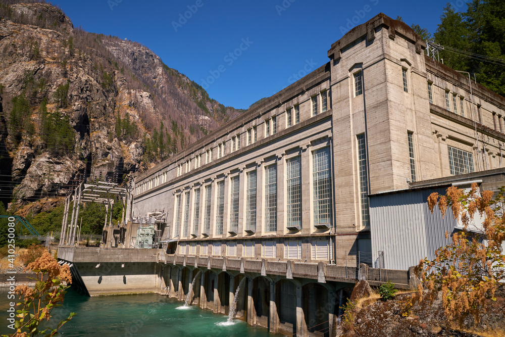 Gorge Dam Powerhouse Washington State. A hydroelectric plant on the Skagit River in Washington State, USA.

