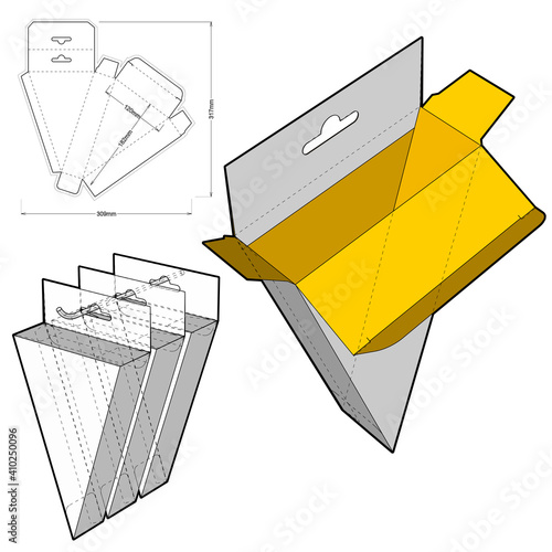 Triangular Box with Shelf Hanger Hole and Die-cut Pattern. The .eps file is full scale and fully functional. Prepared for real cardboard production.