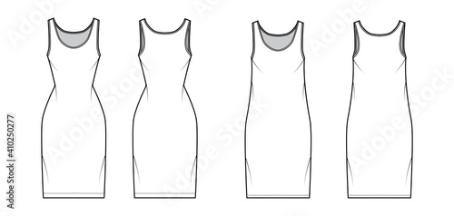 Tank dress technical fashion illustration with scoop neck, straps, knee length, oversized, fitted body, Pencil fullness. Flat apparel template front, back, white color. Women, men, unisex CAD mockup photo