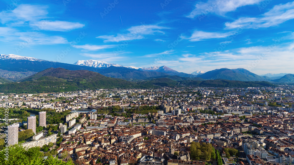 Grenoble, a mesmerizing view of the city and the Alps from the observation deck, France, spring.