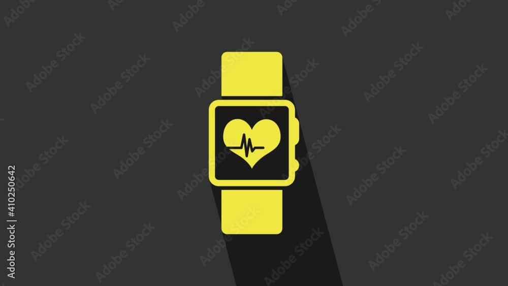 Yellow Smart watch showing heart beat rate icon isolated on grey background. Fitness App concept. 4K Video motion graphic animation Yellow Smart watch showing heart beat rate icon isolated on grey background. Fitness App concept. 4K Video motion graphic animation