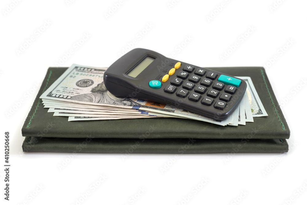 leather wallet with calculator and US dollars isolated on white leather wallet with calculator and US dollars isolated on white