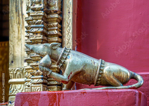 Nepal, Pokhara golden dog statue at  the important Bindabasini temple.