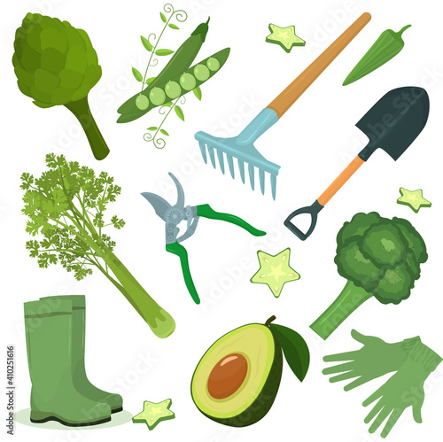 a set of illustrations on the theme of spring and garden plantings. Garden tools with vegetables grown in the garden