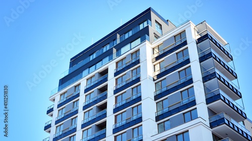 Modern apartment building in sunny day. Exterior  residential house facade.