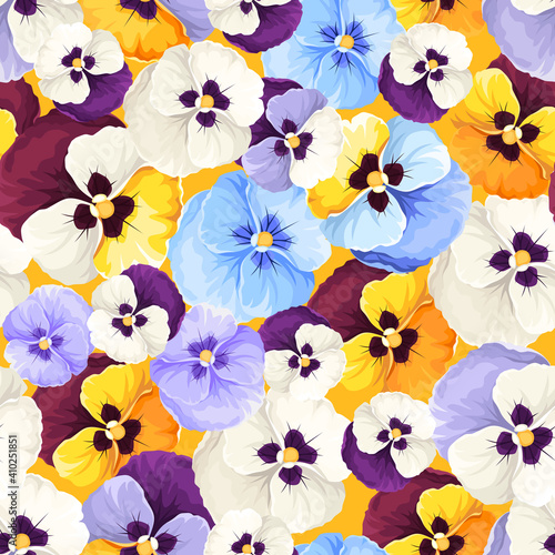 Floral pattern with colorful pansy flowers. Vector seamless texture.
