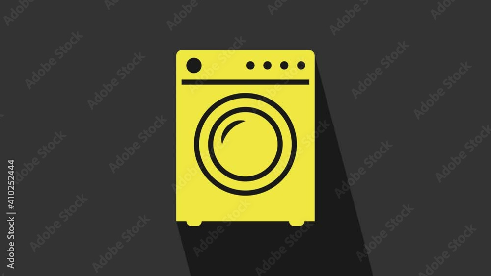 Yellow Washer icon isolated on grey background. Washing machine icon. Clothes washer - laundry machine. Home appliance symbol. 4K Video motion graphic animation Yellow Washer icon isolated on grey background. Washing machine icon. Clothes washer - laundry machine. Home appliance symbol. 4K Video motion graphic animation