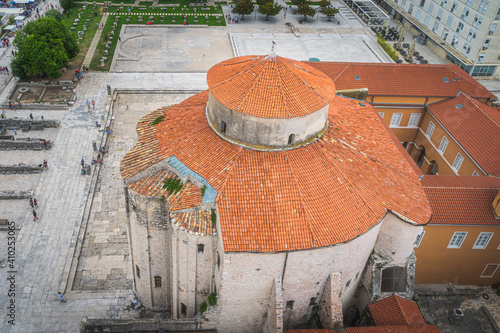 Drone or birds eye view on St. Donata, circular church, formerly domed, in early Romanesque architecture style, Zadar old town, Croatia photo