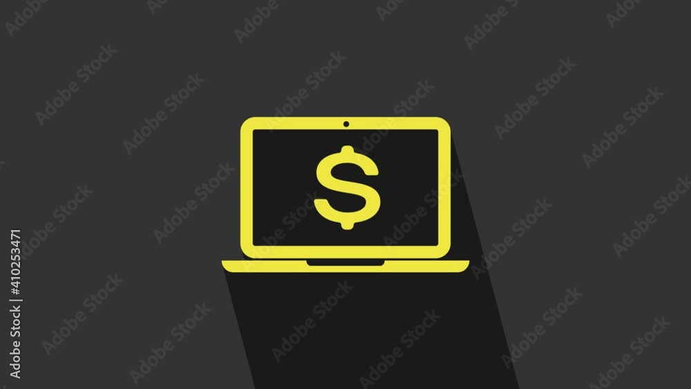 Yellow Laptop with dollar symbol icon isolated on grey background. Online shopping concept. Economy concept. 4K Video motion graphic animation Yellow Laptop with dollar symbol icon isolated on grey background. Online shopping concept. Economy concept. 4K Video motion graphic animation