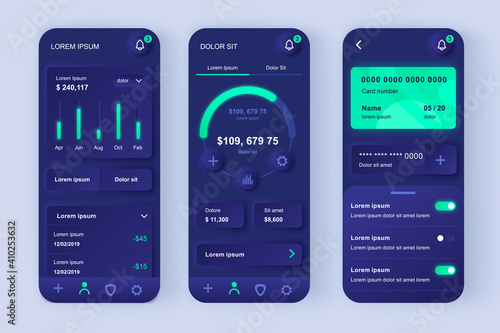 Finance services unique neomorphic design kit. Online banking screen with charts and financial analytics. Finance management UI UX templates set. Vector illustration of GUI for responsive mobile app.