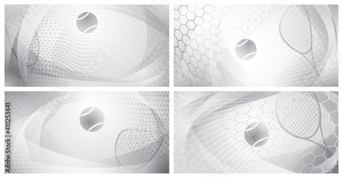 Set of four abstract tennis backgrounds with ball and racket in white and gray colors
