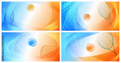Set of four abstract backgrounds with ball and racket in colors of Grand Slam tournament Australian Open Tennis Championships