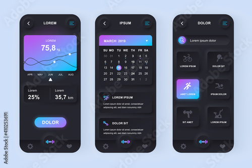 Fitness workout unique neomorphic design kit. Sport planner with fitness programs, health monitoring, current activity level. UI UX templates set. Vector illustration of GUI for responsive mobile app