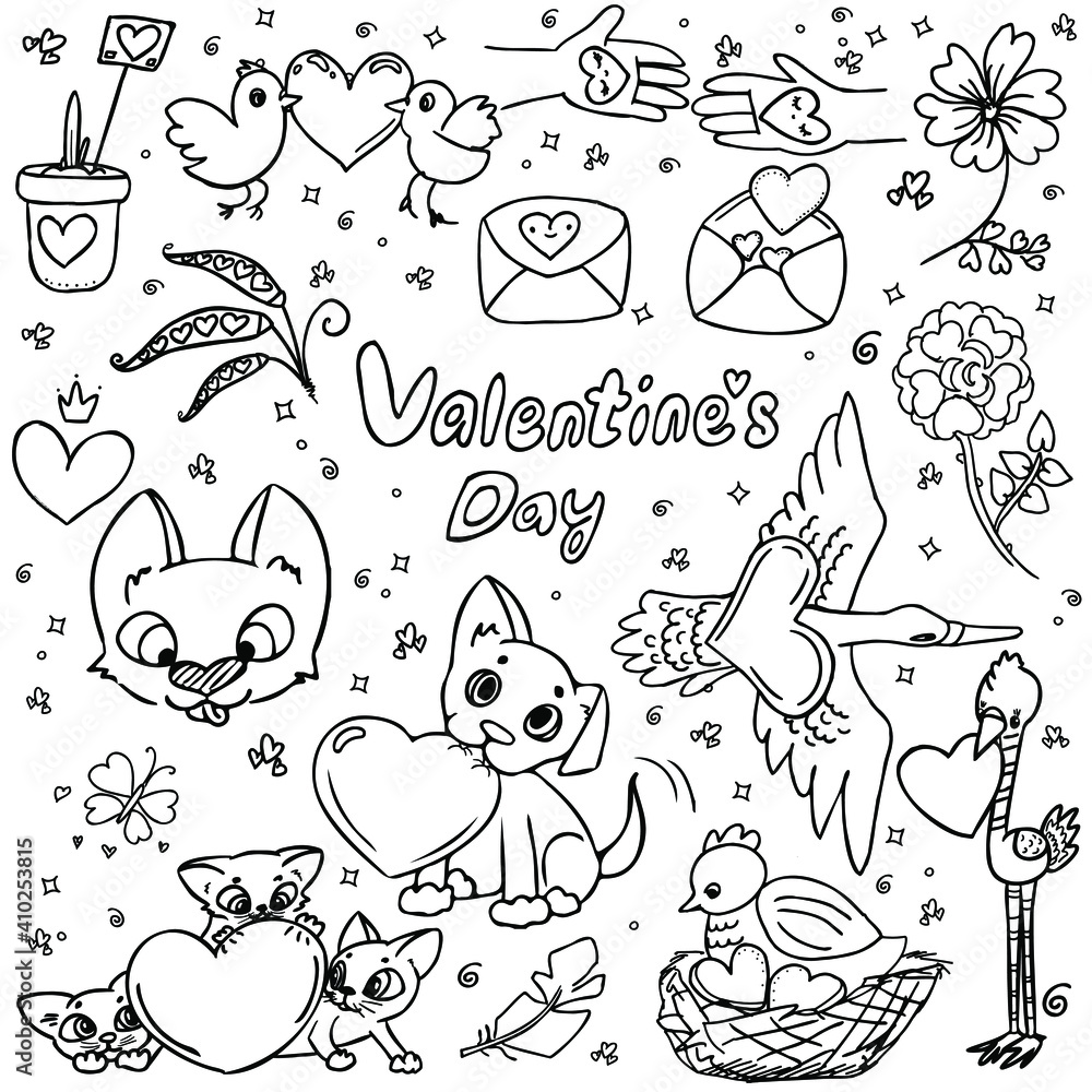 Doodle for valentine's day. Black and white drawing. Nice sketch. Animals, birds, plants with hearts. A puppy with a heart, kittens with a heart, flowers with heart-shaped petals,  bird with a heart.