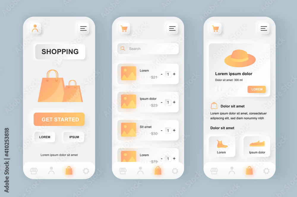 Online shopping unique neomorphic design kit. Shopping app with product photo, description and price. Internet marketplace platform UI UX templates set. Vector illustration of GUI for mobile app. Online shopping unique neomorphic design kit. Shopping app with product photo, description and price. Internet marketplace platform UI UX templates set. Vector illustration of GUI for mobile app.