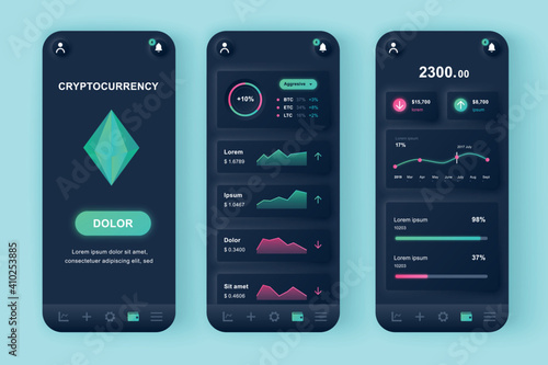 Cryptocurrency mining unique neomorphic design kit. Blockchain technology, cryptocurrency mining solution with analytics. UI UX templates set. Vector illustration of GUI for responsive mobile app.
