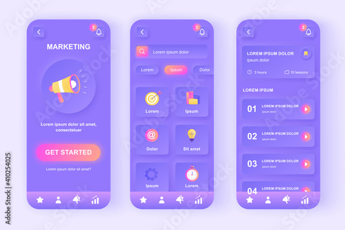 Digital marketing unique neomorphic design kit. Business analysis, content strategy, research and management. SMM solution UI UX templates set. Vector illustration of GUI for responsive mobile app.