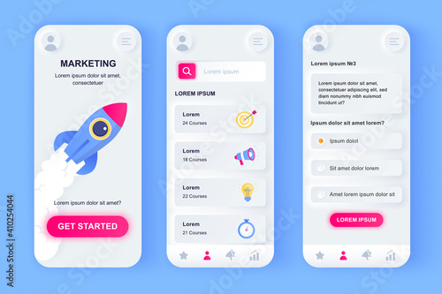 Digital marketing unique neomorphic design kit. Marketing strategy online analysis, research and management. SMM solution UI UX templates set. Vector illustration of GUI for responsive mobile app.
