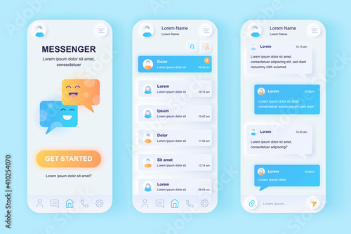 Online messenger unique neomorphic design kit. Social network texting service with user profile contacts and chat screens. UI UX templates set. Vector illustration of GUI for responsive mobile app.