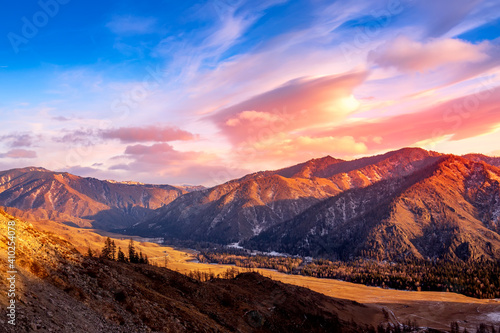 Amazing colorful sunset in the Altai Mountains, Russia