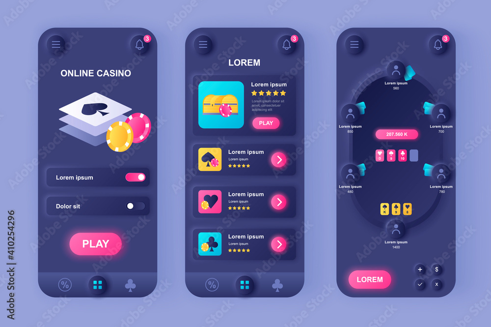 Online Casino unique neomorphic design kit. Gambling games online platform,  virtual poker game table with players. Games of fortune UI UX templates  set. Vector illustration of GUI for mobile app. Stock Vector