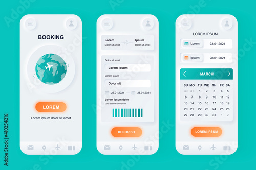 Flight booking unique neomorphic design kit. Online air tickets search and reservation, departure and arrival destinations, calendar. UI UX templates set. Vector illustration of GUI for mobile app.