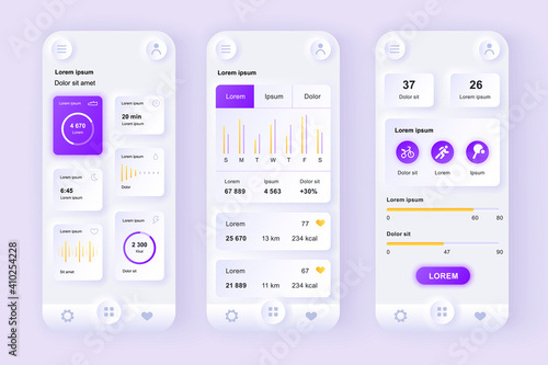 Health and activity tracking unique neomorphic design kit. Personal monitoring application with activity analytics, current health level. UI UX templates set. Vector illustration of GUI for mobile app