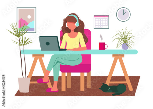 A young woman  is working or studying at home with a laptop and earphones. A flat illustration. Stay at home, Work from home, freelance concepts. 