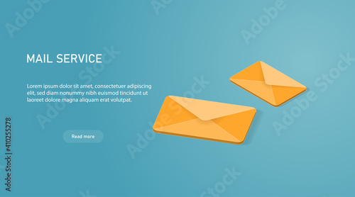Yellow 3d vector mail icon. Isometric email sending illustration. Mailing letters service concept.