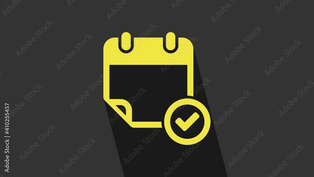 Yellow Calendar with check mark icon isolated on grey background. 4K Video motion graphic animation