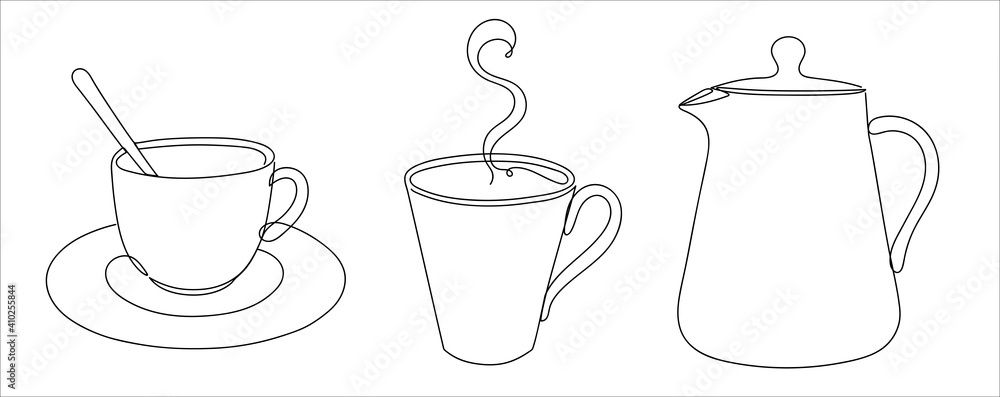 Set of mugs in a hand drawn linear style.