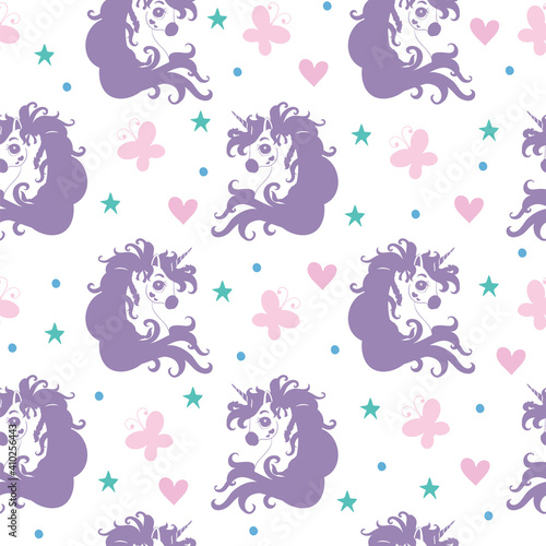 Seamless pattern with heads of unicorns and hearts white vector