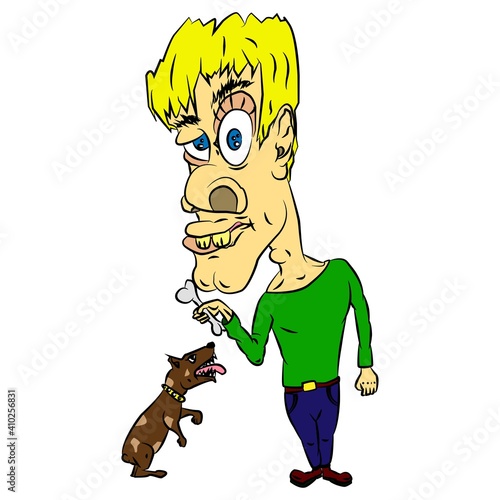 Vector illustration, isolated object, a man gives a bone to a dog on a white background. Simple flat style.