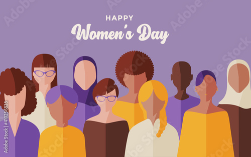 flat vector of women of different ethnicities, celebrating international women's day, freedom and equality concept.