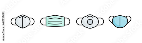 Types of facial masks. N95, FFP2, disposable medical mask, mask respirator with valve and reusable cloth mask. Coronavirus protection. Covid-19. Vector illustration, flat design