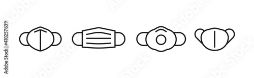 Types of facial masks. N95, FFP2, disposable medical mask, mask respirator with valve and reusable cloth mask. Coronavirus protection. Covid-19. Vector illustration, flat design