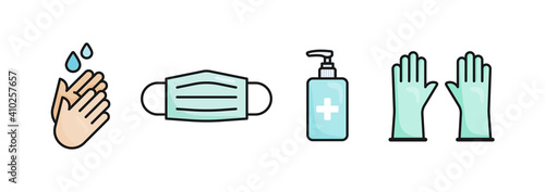 Prevention coronavirus outline black icon set. Hand washing, medical facial mask, hand sanitizer dispenser and disposable gloves. Covid-19. Vector illustration, flat design