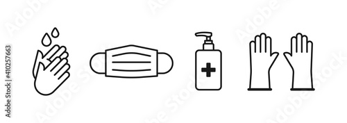 Prevention coronavirus outline black icon set. Hand washing, medical facial mask, hand sanitizer dispenser and disposable gloves. Covid-19. Vector illustration, flat design