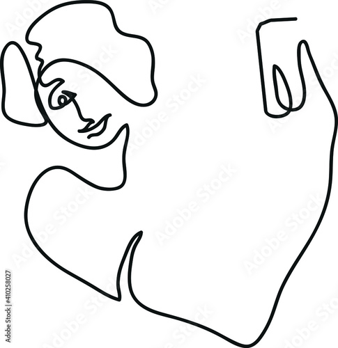 One line drawing of woman holding and using mobile phone taking selfie One continuous line drawing of young beautiful woman and selfie concept. 