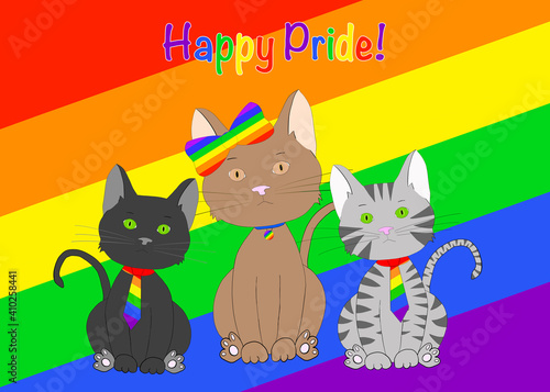 Illustration hand drawn cartoon of three diverse kitty cats wearing rainbow pride colored ties and bow in front of a tilted rainbow flag looking directly at viewer. Colorful Happy Pride text.
