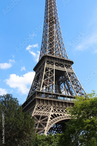 Eiffel tower city during summer close up